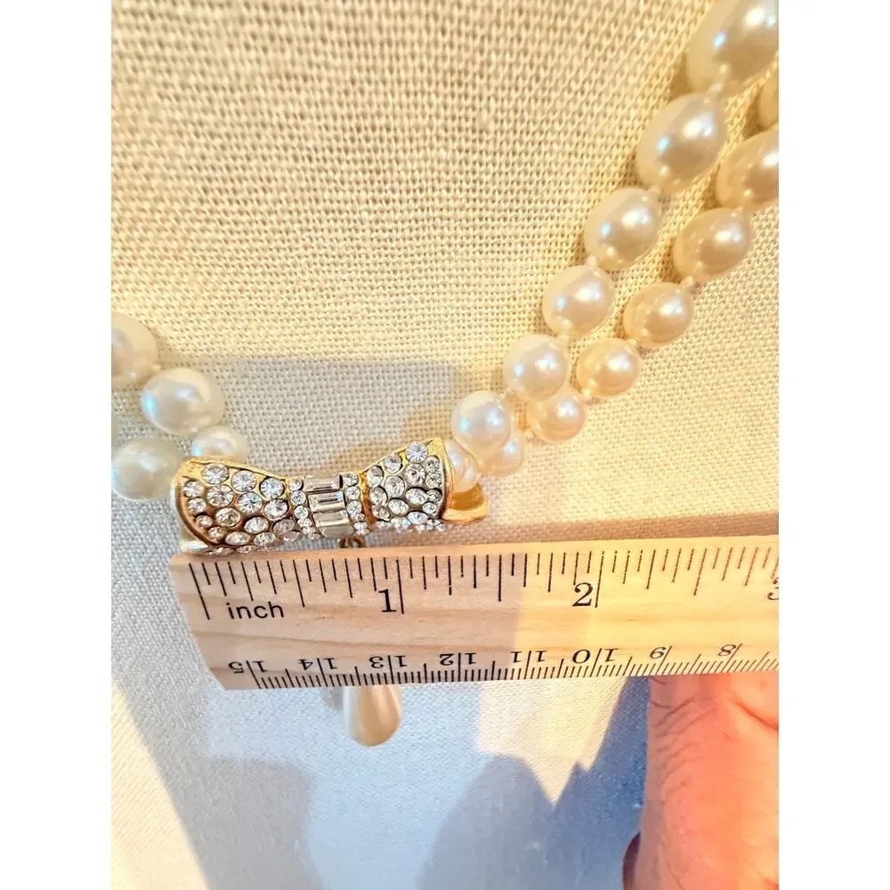 Vintage Faux Pearl Rhinestone Bow Drop Necklace 18”